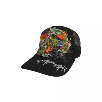 Ed Hardy Embroidered Dragon Snapback Hat-Black - black