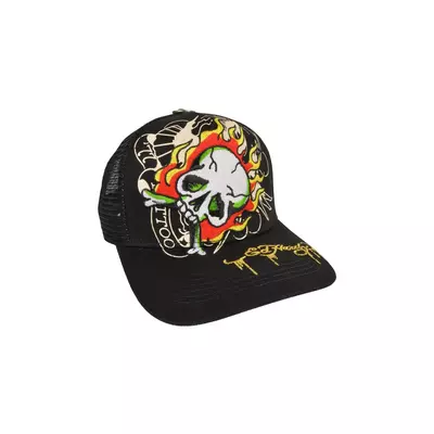 Ed Hardy Embroidered Fire Skull Snapback Hat-Black - black