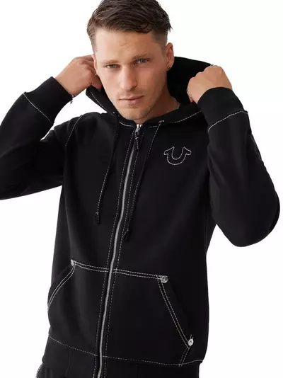 True Religion Men's Big T Zip Up Hoodie - black/white